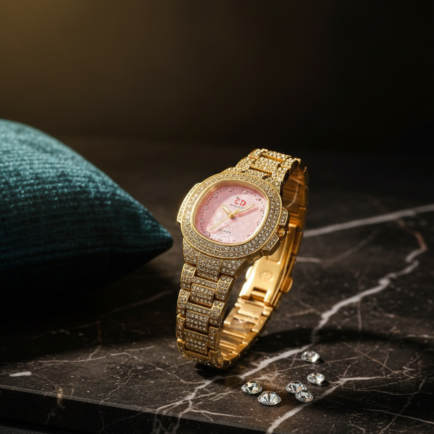 Two Toned Iced Out Quartz Movement Womens Watch without box(black watch)