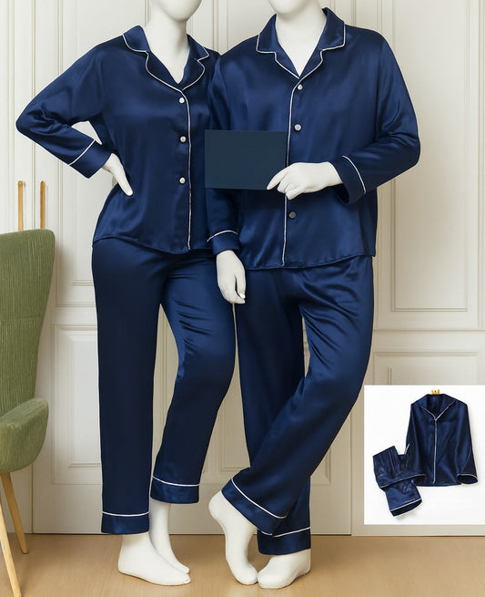 Classic Couple Night Suit Silk Satin Pajama Set – Long Sleeve Top & Full-Length Pants (4 Pcs) | SKU: DC-C007 ~ Black