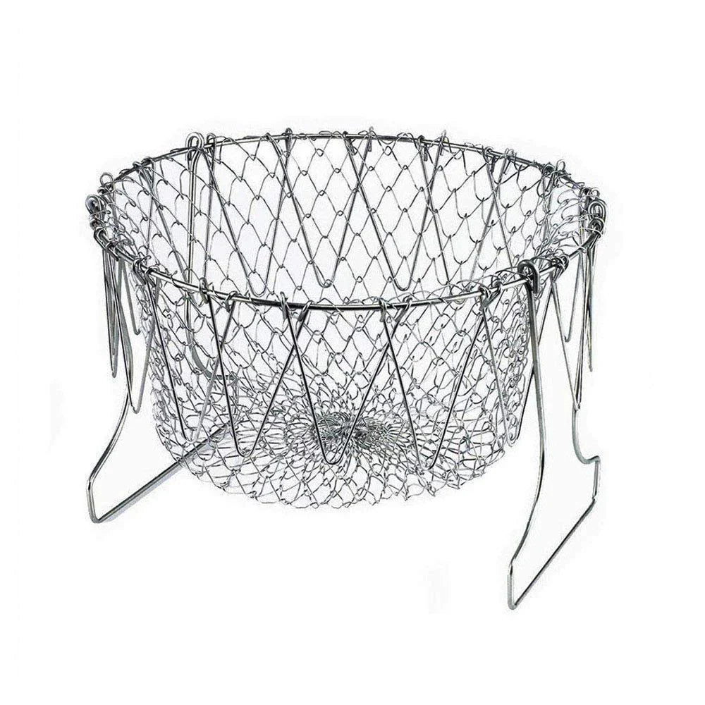 Stainless Steel Multi-Functional Foldable Chef Basket – Deluxe Kitchen Colander, Mesh Steam, Rinse, Strain & Fry Basket