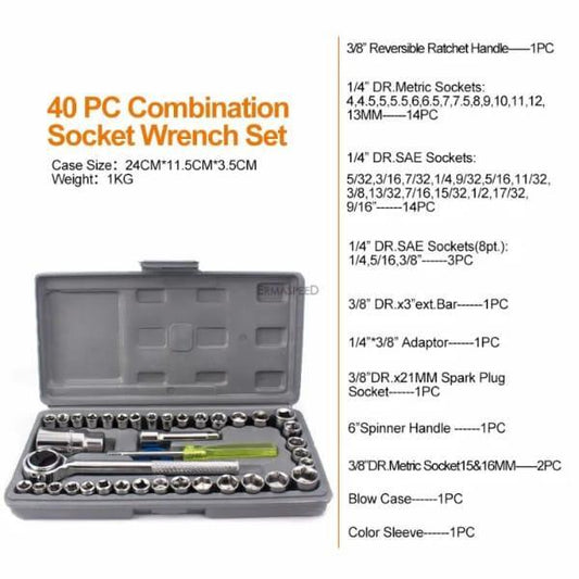 Aiwa 40-Piece Socket Wrench Tool Kit with Screwdrivers and Socket Set – Durable Hand Tool Set for Home, Auto Repair, and Mechanical Use – Compact Storage Case Included