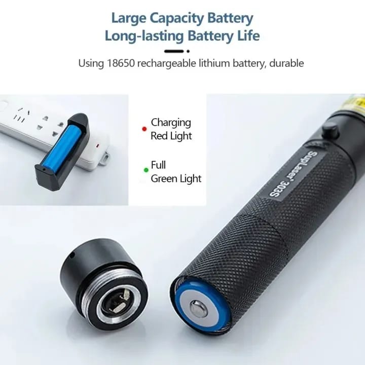 Special Edition High-Power 303 Green Laser Pointer with Adjustable Focus, 8 Designs & Shapes, 5km Range – Rechargeable Battery, Charger & Safety Lock