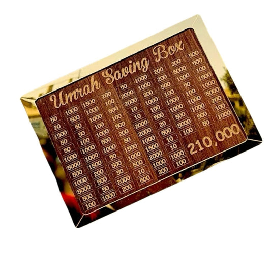 Wooden Umrah Saving Box | Premium Money Box with 210,000 Goal Tracker | Elegant Islamic Design for Charity, Donations & Umrah Fund
