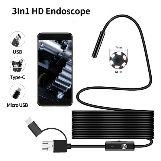 3 In 1 Type C / Micro USB / PC Endoscope Camera 3.5m With HD Lens, Adjustable LED Lights & IP67 Waterproof Design