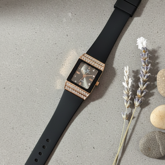 Midnight Elegance – Rectangular Rose Gold & Crystal Statement Watch