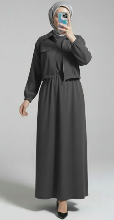 Stylish 2 Piece Set Long Frock Maxi Dress With Matching Zipper Jacket Premium Quality - Black