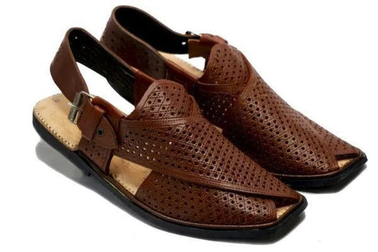 Handcrafted Men’s Peshawari Chappal – Classic Brown Perforated Leather Sandals with Adjustable Buckle Strap & Durable Rubber Sole