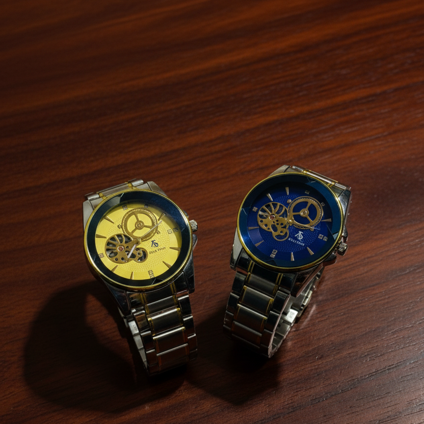 Luxury Men’s Skeleton Automatic Watch - Two-Tone Stainless Steel Bracelet, Open Heart Mechanical Dial ( golden with blue dial )