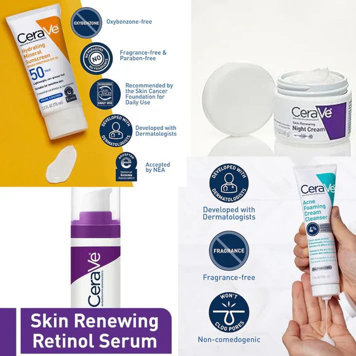 CeraVe Complete Skincare Combo Kit – Sunscreen SPF 50, Acne Cleanser, Retinol Serum & Night Cream