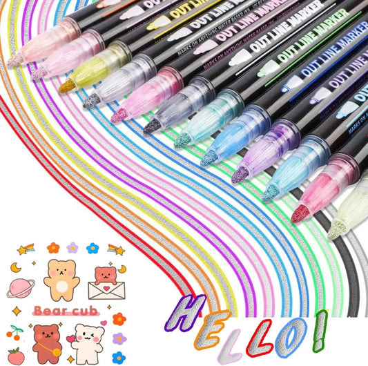 Double Line Outline Glitter Marker Pens Creative Dual Effect Writing And Drawing Tools For Art Craft And Decoration