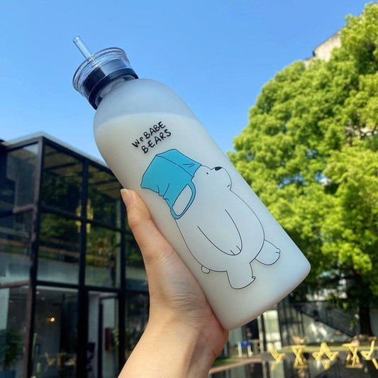 We Bare Bears Panda Water Bottle 1000ml – Cute Cartoon Design with Straw & Two Caps | Durable Reusable Bottle for Daily Hydration (Random Design)