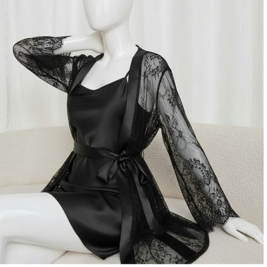 Soft Lace Robe & Silk Inner – 2 Piece Transparent Net Gown Set | Free Size (Fits Up to 38” Chest) | Black