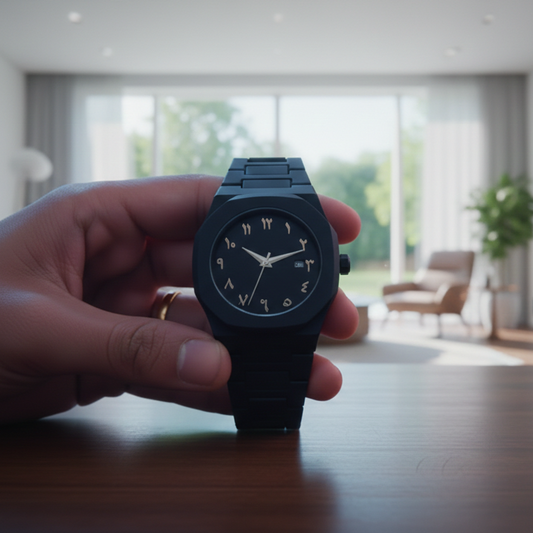 Black Arabic Aura Watch With Eastern Arabic Numerals And Date Elegant Durable Stylish Unique And Modern (Without Box)