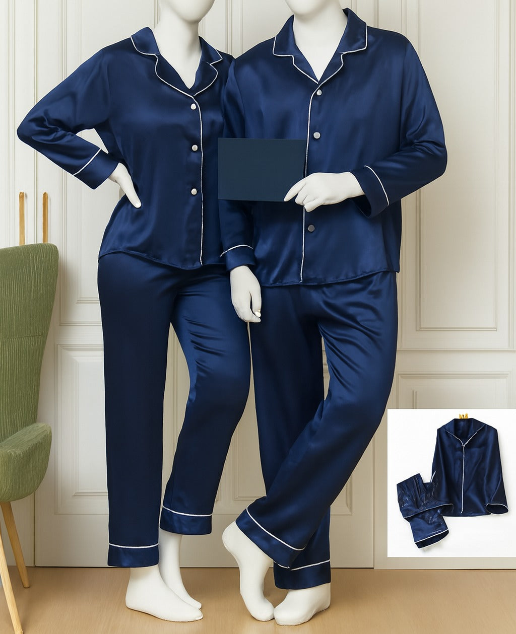 Classic Couple Night Suit Silk Satin Pajama Set – Long Sleeve Top & Full-Length Pants (4 Pcs) | SKU: DC-C007 ~ Black