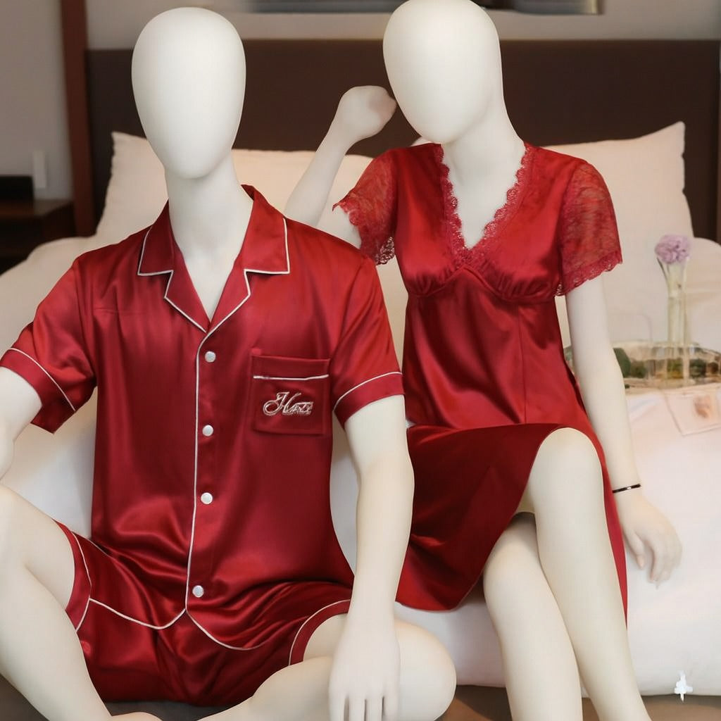 Couple Night Suit / Sleepwear Set – Stylish Nightdress & Pajama Shorts | SKU DC-C003 | Black (3 Pcs)