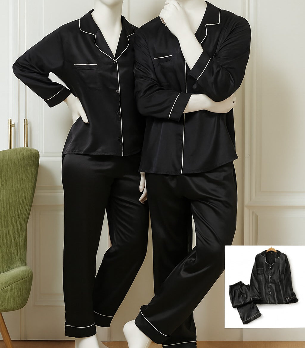 Classic Couple Night Suit Silk Satin Pajama Set – Long Sleeve Top & Full-Length Pants (4 Pcs) | SKU: DC-C007 ~ Black