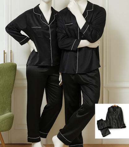 Classic Couple Night Suit Silk Satin Pajama Set – Long Sleeve Top & Full-Length Pants (4 Pcs) | SKU: DC-C007 ~ Black