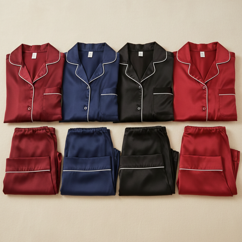 Classic Couple Night Suit Silk Satin Pajama Set – Long Sleeve Top & Full-Length Pants (4 Pcs) | SKU: DC-C007 ~ Black