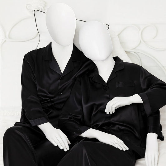 Couple Night Suit Silk Satin Pajama Set – Long Sleeve Top & Pants | SKU: DC-C011 | Black (4 Pcs)