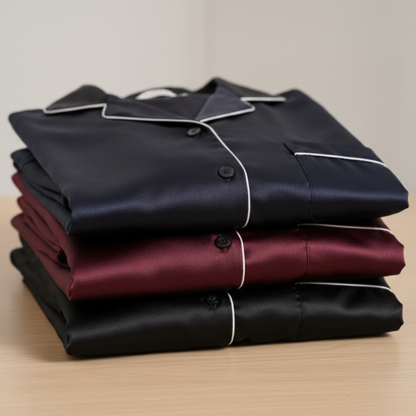 Couple Silk Night Suit / Sleepwear Set – Shirt & Shorts with Slip Dress | SKU DC-C013 (3 Pcs) | Black