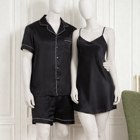 Couple Silk Night Suit / Sleepwear Set – Shirt & Shorts with Slip Dress | SKU DC-C013 (3 Pcs) | Black