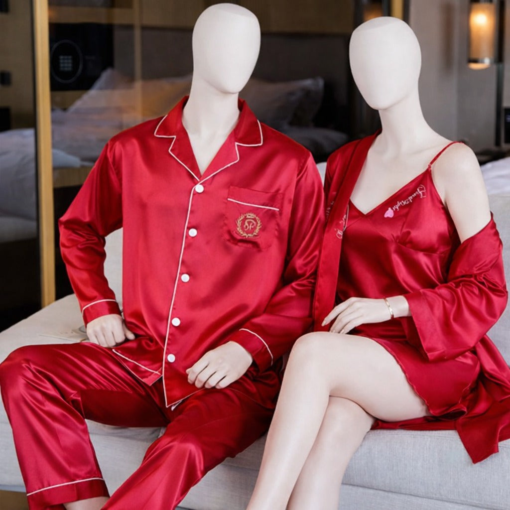 Couple Night Dress Silk Sleepwear Set – 4-Piece Pajama & Robe Set | SKU: DC-C012 | Black