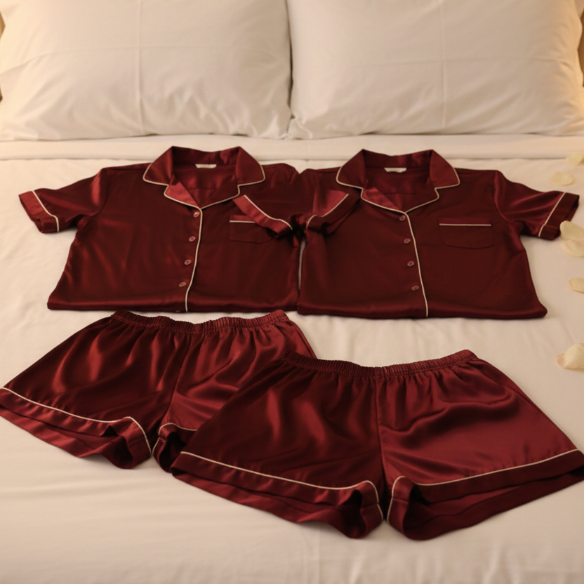 Couple Night Dress Silk Pajama Set – Short Sleeve Shirt & Shorts (4 Pcs) | SKU DC-C014 | Black