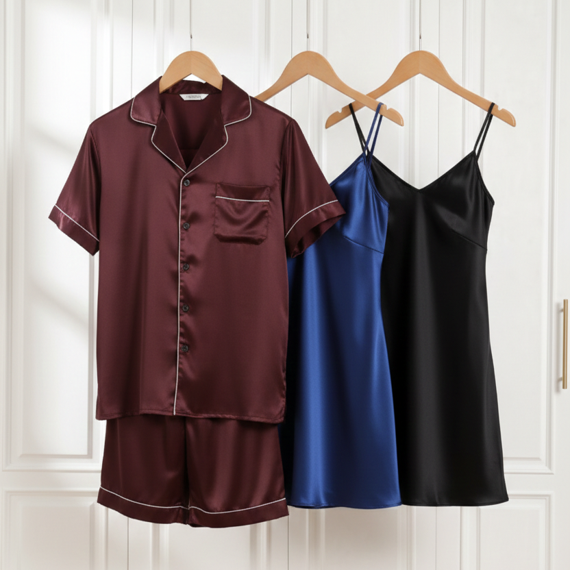 Couple Silk Night Suit / Sleepwear Set – Shirt & Shorts with Slip Dress | SKU DC-C013 (3 Pcs) | Black