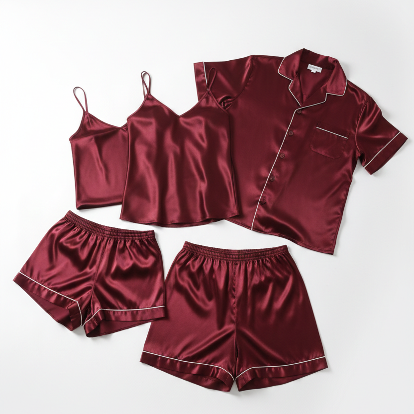 Couple Night Dress / Night Suit / Silk Sleepwear Set – 4-Piece Camisole & Shirt with Shorts | SKU DC-C015 | Black