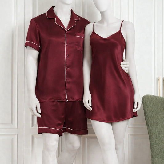 Couple Silk Night Suit / Sleepwear Set – Shirt & Shorts with Slip Dress | SKU DC-C013 (3 Pcs) | Black