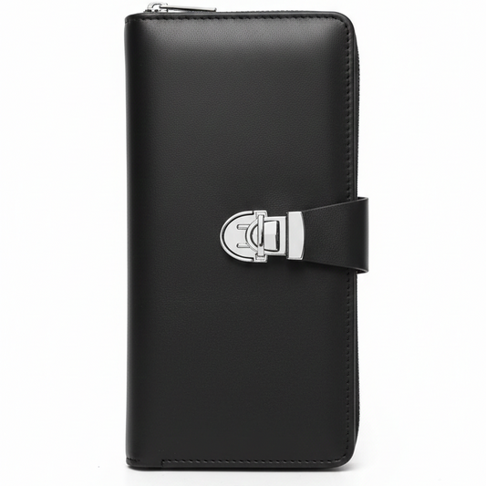 Premium Black Leather Travel Organizer Wallet with Metal Lock Closure