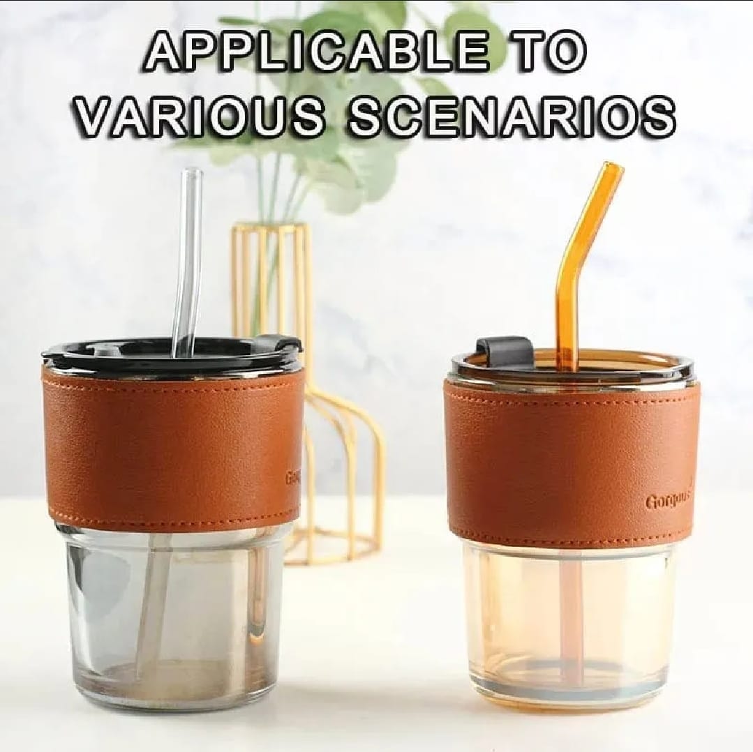 Reusable Coffee Mug with Straw – Leakproof Lid & Heat-Resistant PU Leather Sleeve for Hot & Cold Drinks (300ml)