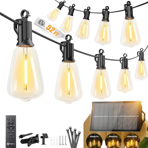 Brightown 52FT Solar String Lights Outdoor Waterproof, Patio Lights with Remote & Timer, USB/Solar Powered Dimmable Outdoor Lights, 15+1 LED Bulbs for Backyard Garden Camping Party - 26Hrs Runtime