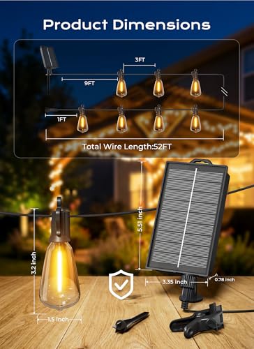 Brightown 52FT Solar String Lights Outdoor Waterproof, Patio Lights with Remote & Timer, USB/Solar Powered Dimmable Outdoor Lights, 15+1 LED Bulbs for Backyard Garden Camping Party - 26Hrs Runtime