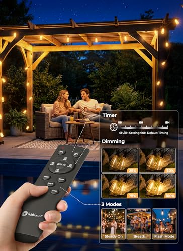 Brightown 52FT Solar String Lights Outdoor Waterproof, Patio Lights with Remote & Timer, USB/Solar Powered Dimmable Outdoor Lights, 15+1 LED Bulbs for Backyard Garden Camping Party - 26Hrs Runtime