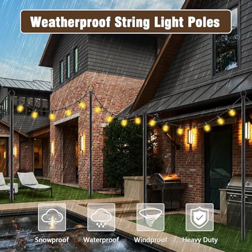 AILBTON 10Ft String Light Poles 4 Pack,Light Poles for Outside Lights,Outdoor with Fence Brackets Hanging Lights,Metal Stand Deck Patio Backyard