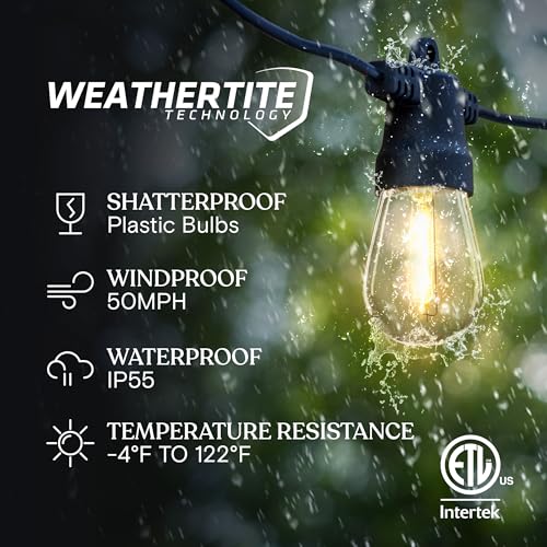 Brightech Ambience Pro Solar Powered Outdoor String Lights -27 ft Commercial Grade Waterproof Edison Patio Lights, Shatterproof LED String Lights for Outside, Porch - 12 Bulbs, 1W Soft White