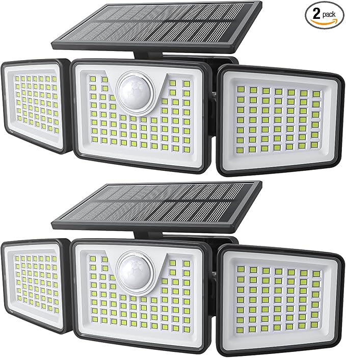 daphino 2500LM Solar Lights Outdoor with Motion Sensor,3 Head 270° Wide Angle Street Area Lights, IP65 Waterproof Security Lighting with 3 Modes(Non-Remote,2 Pcs)
