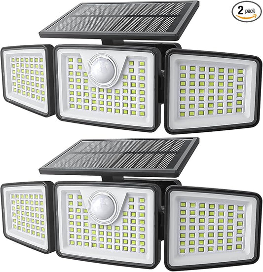daphino 2500LM Solar Lights Outdoor with Motion Sensor,3 Head 270° Wide Angle Street Area Lights, IP65 Waterproof Security Lighting with 3 Modes(Non-Remote,2 Pcs)
